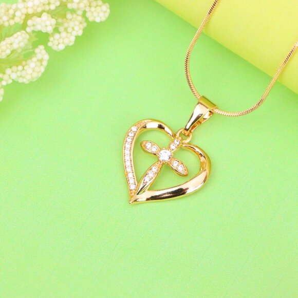 "Heart-Shaped Rose Gold Cross Pendant with Sparkling Accents, XPPT1326 - Picture 10 of 13